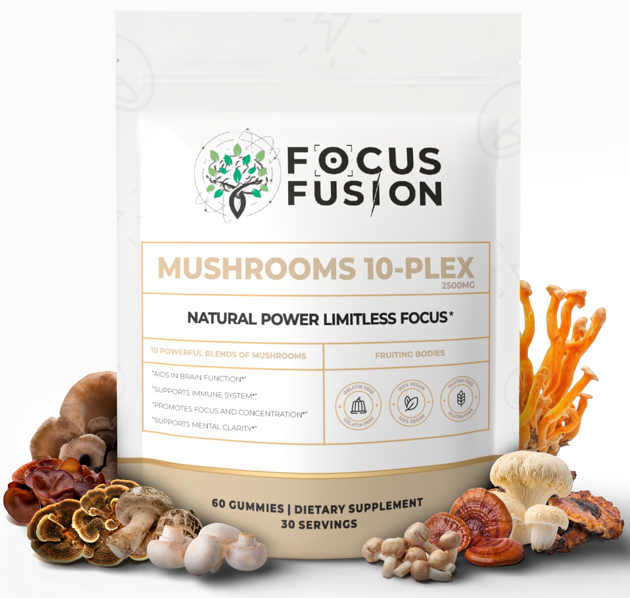 Focus Fusion 10-Plex Gummies bottle front highlighting vegan, non-caffeinated daily energy.