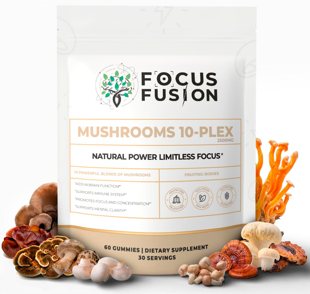 Focus Fusion 10-Plex Gummies bottle front highlighting vegan, non-caffeinated daily energy.