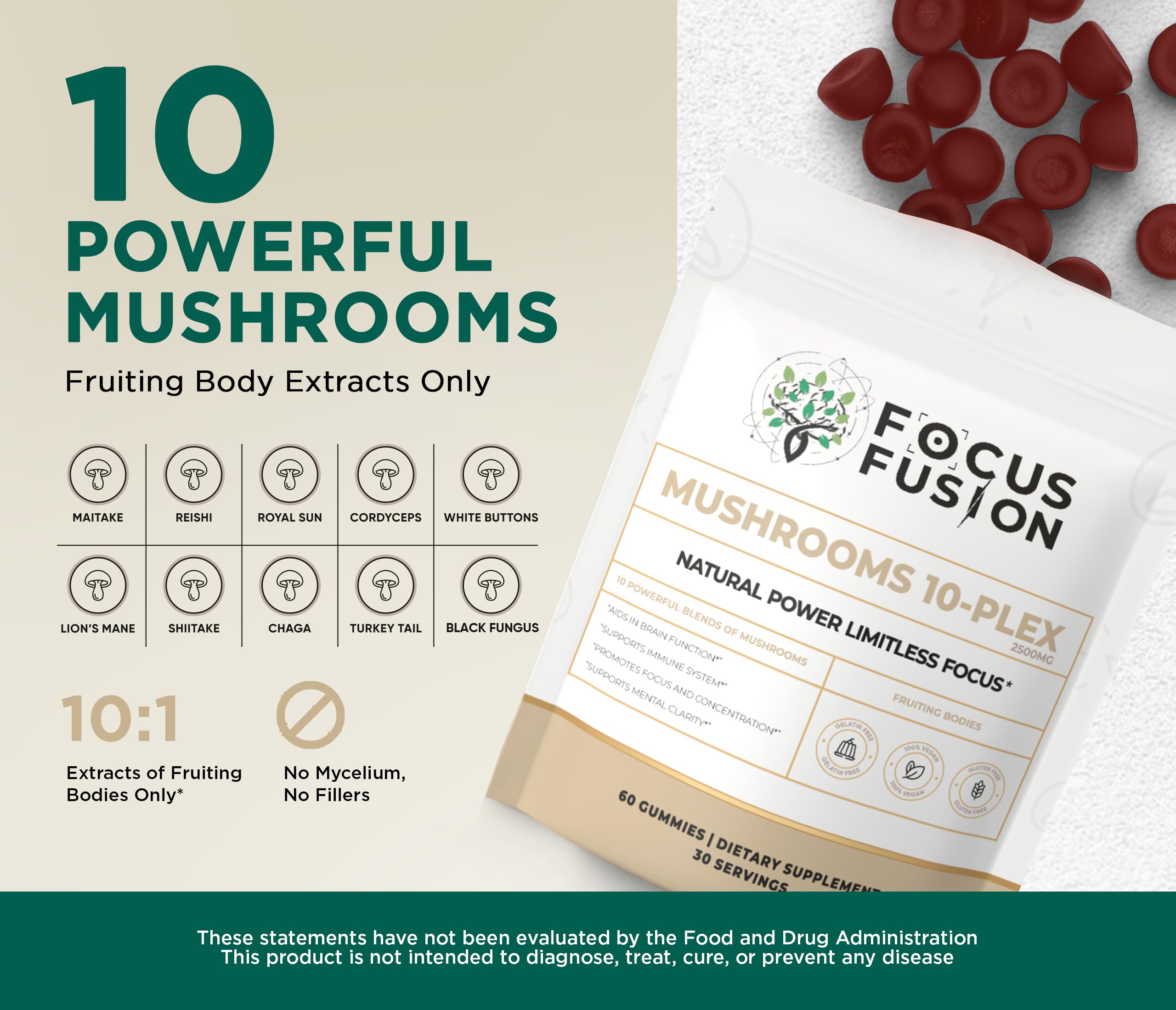 Focus Fusion 10-Plex Raspberry Flavor gummies close-up with tasty, chewable texture.
