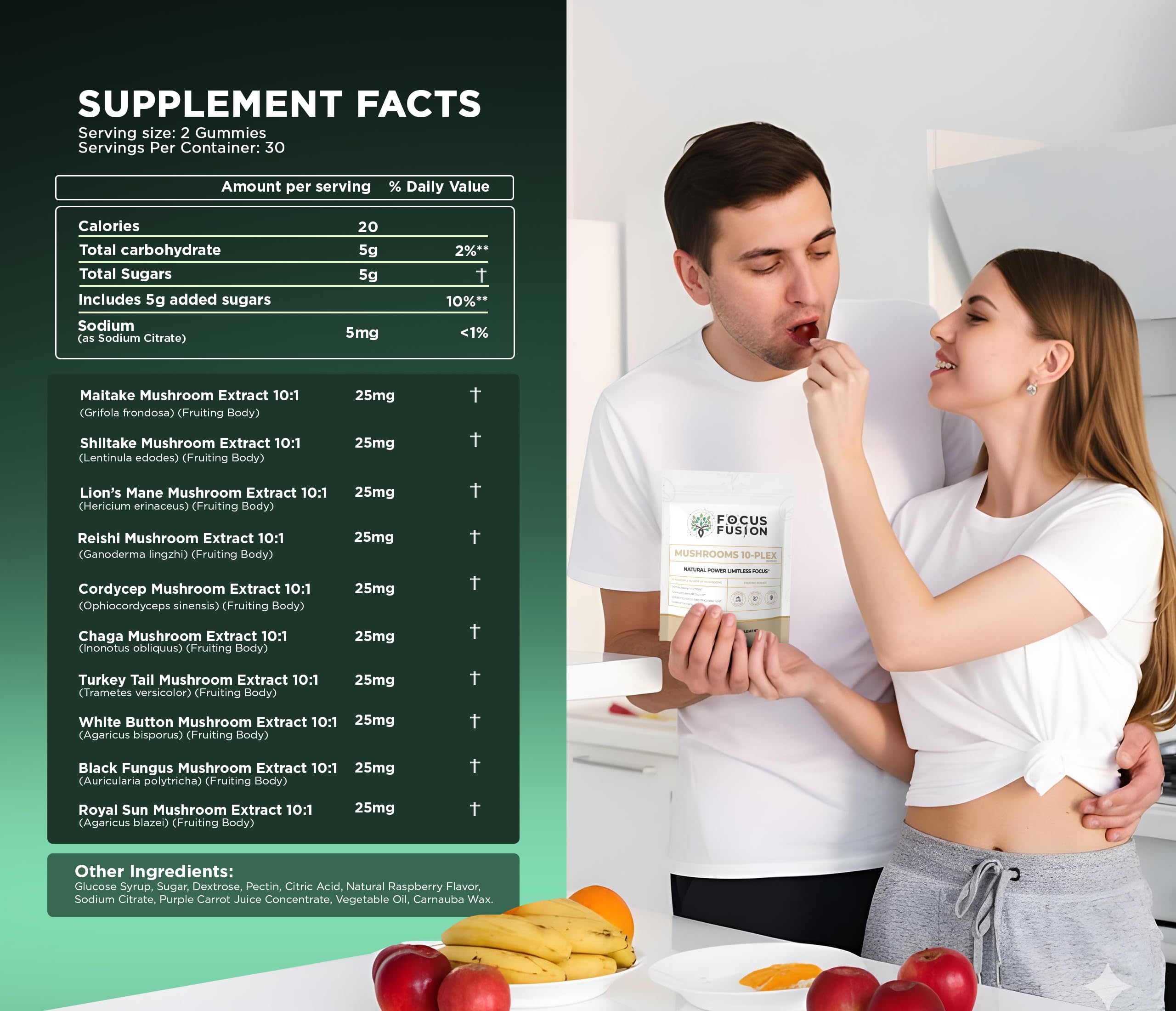 Focus Fusion 10-Plex serving size image showing two gummies per portion.