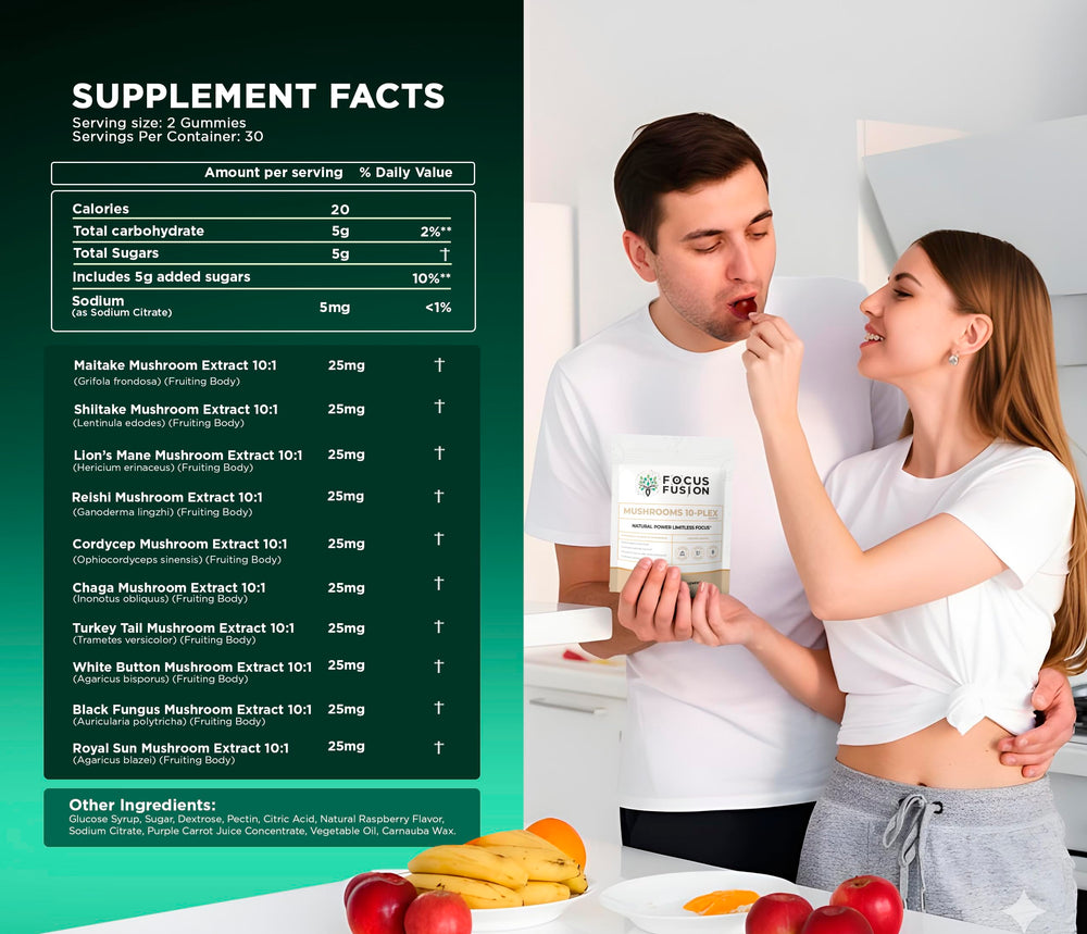 Focus Fusion 10-Plex serving size image showing two gummies per portion.
