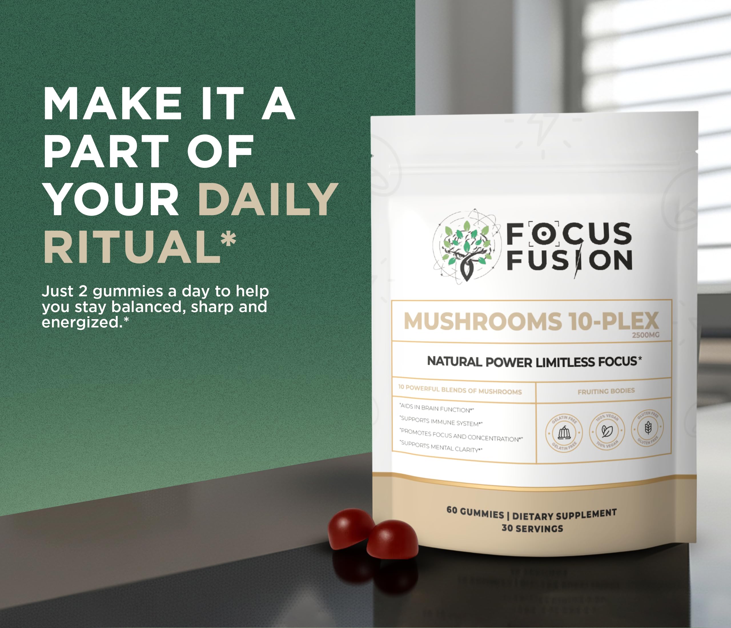 Focus Fusion 10-Plex vegan plant-based label emphasizes non-GMO and dairy-free ethos.