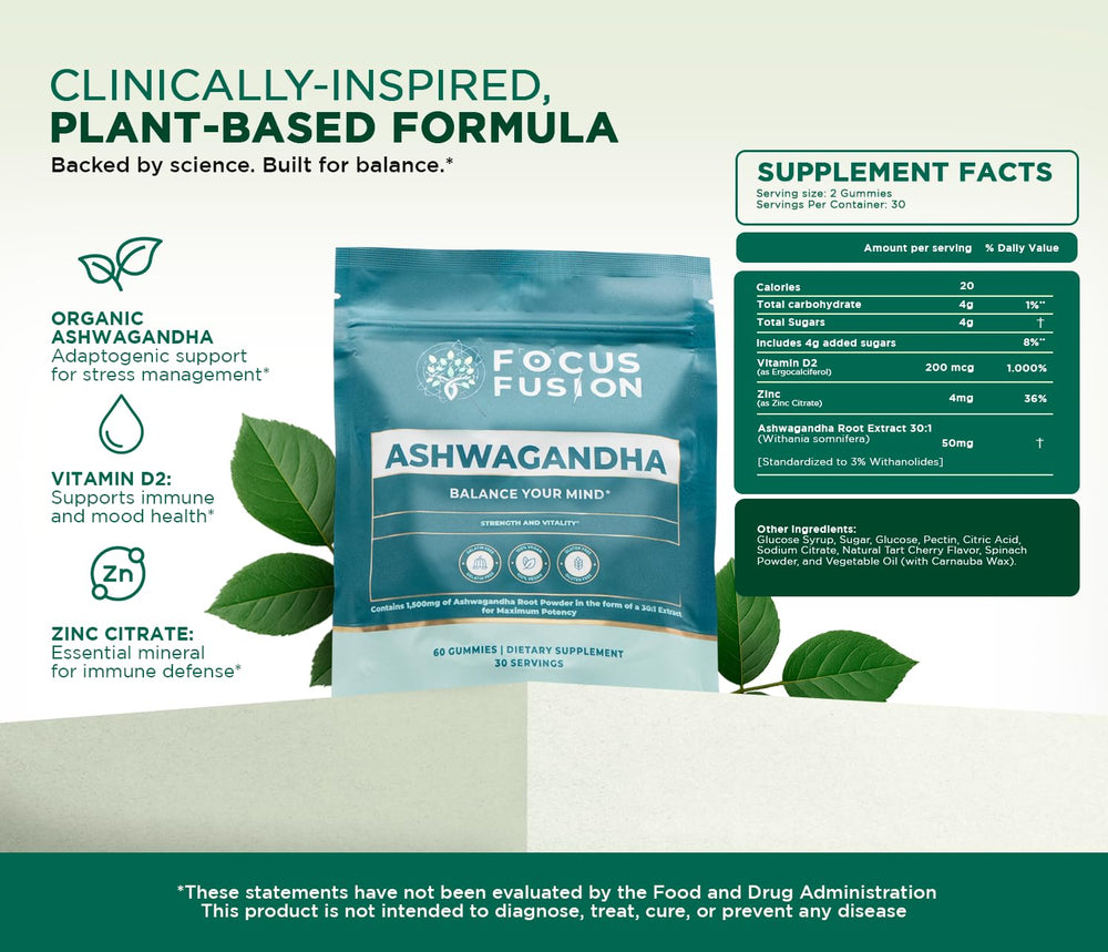 Focus Fusion Ashwagandha Gummies close-up texture showing chewy berry flavor.