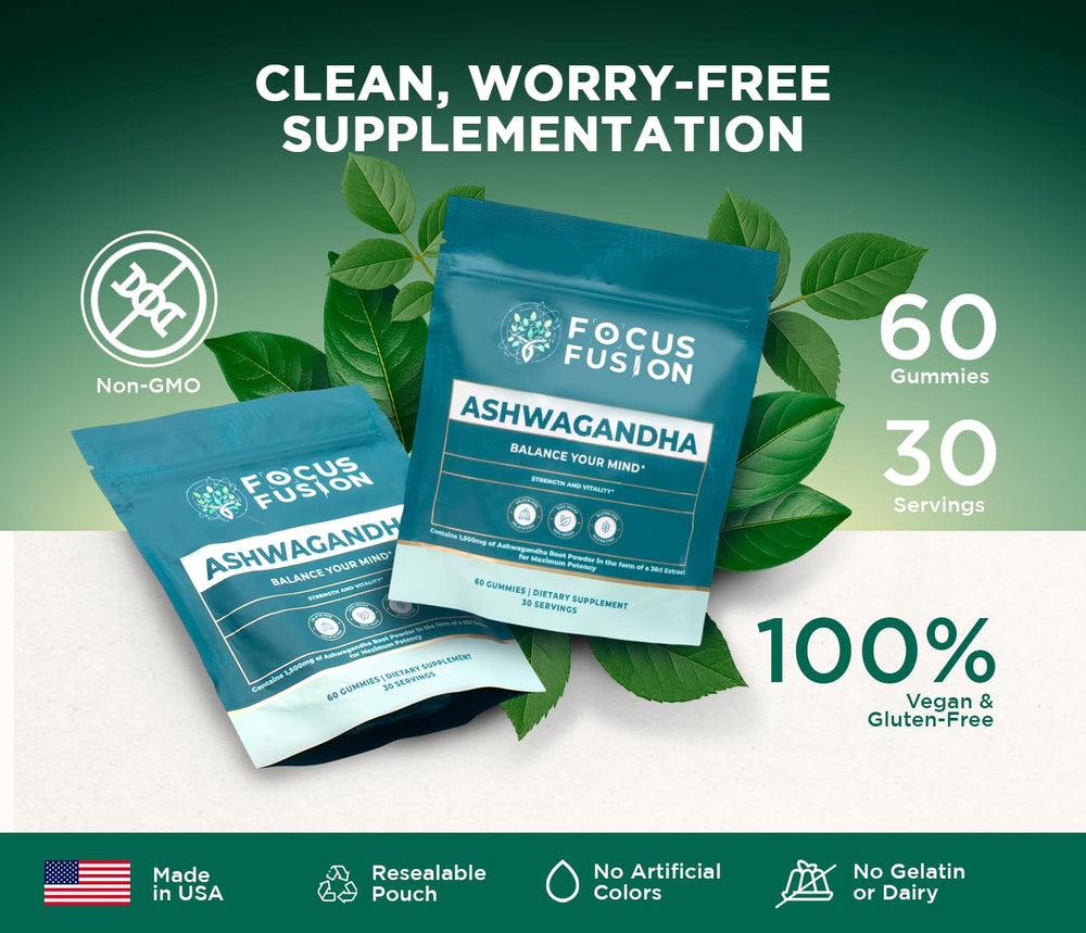 Focus Fusion Ashwagandha Gummies packaging emphasizing vegan and non-GMO credentials.