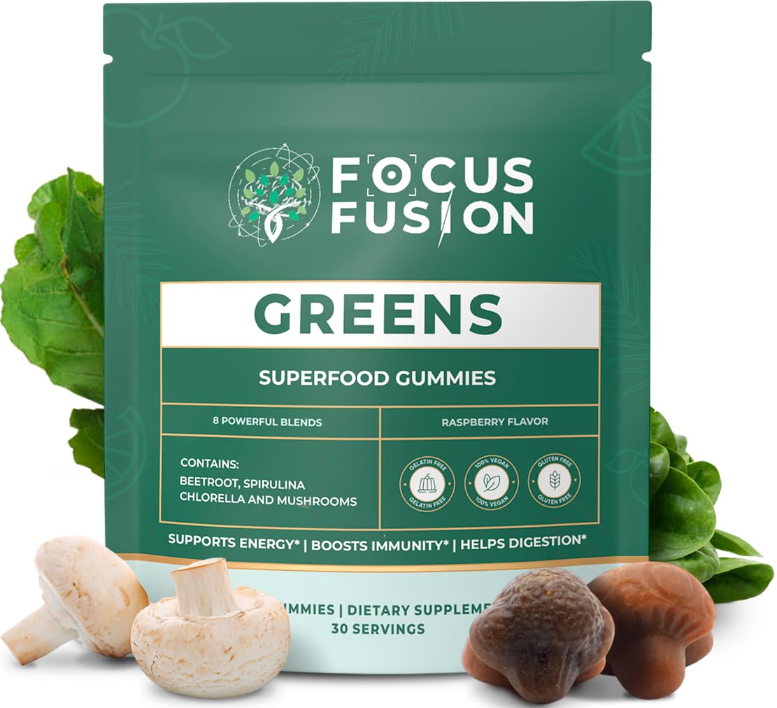 Focus Fusion Supergreen bottle front—daily greens in a tasty chewable form
