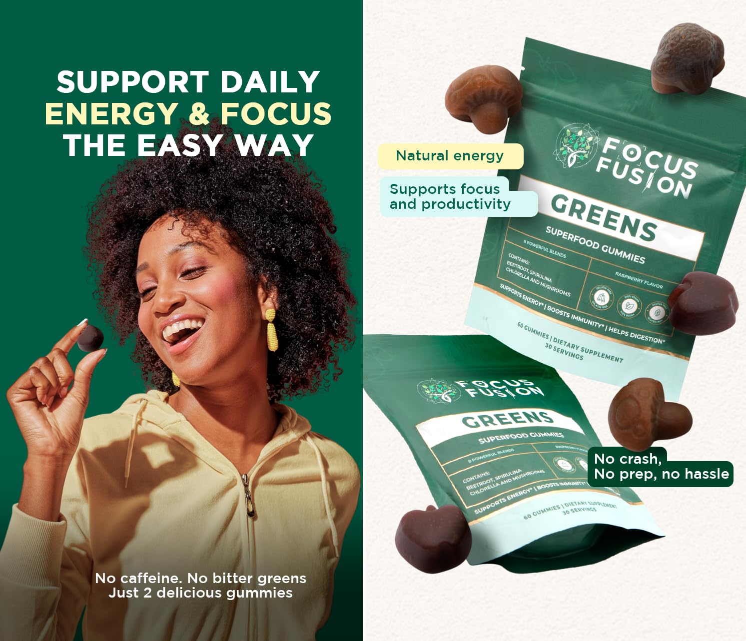 Focus Fusion Supergreen gummies close-up—plant-based, flavorful daily supplement you can enjoy