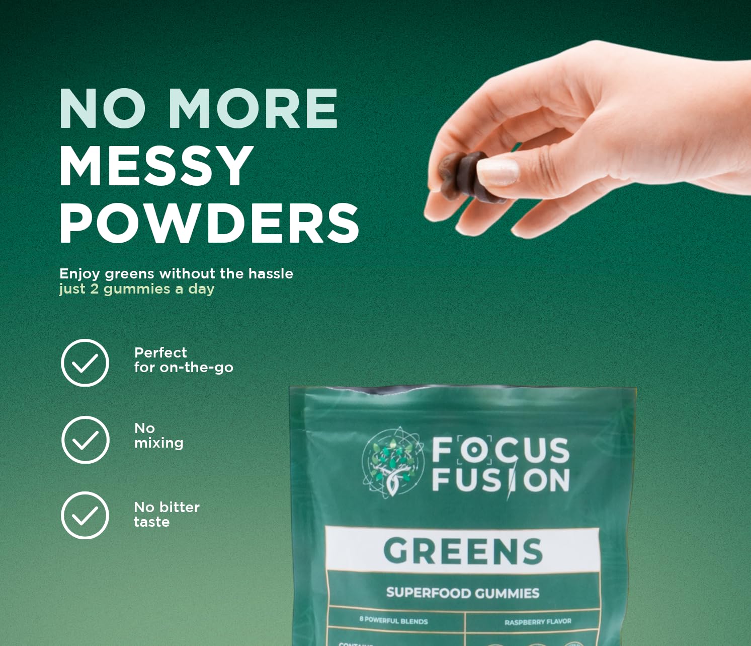Focus Fusion Supergreen resealable bag—convenient on-the-go greens source