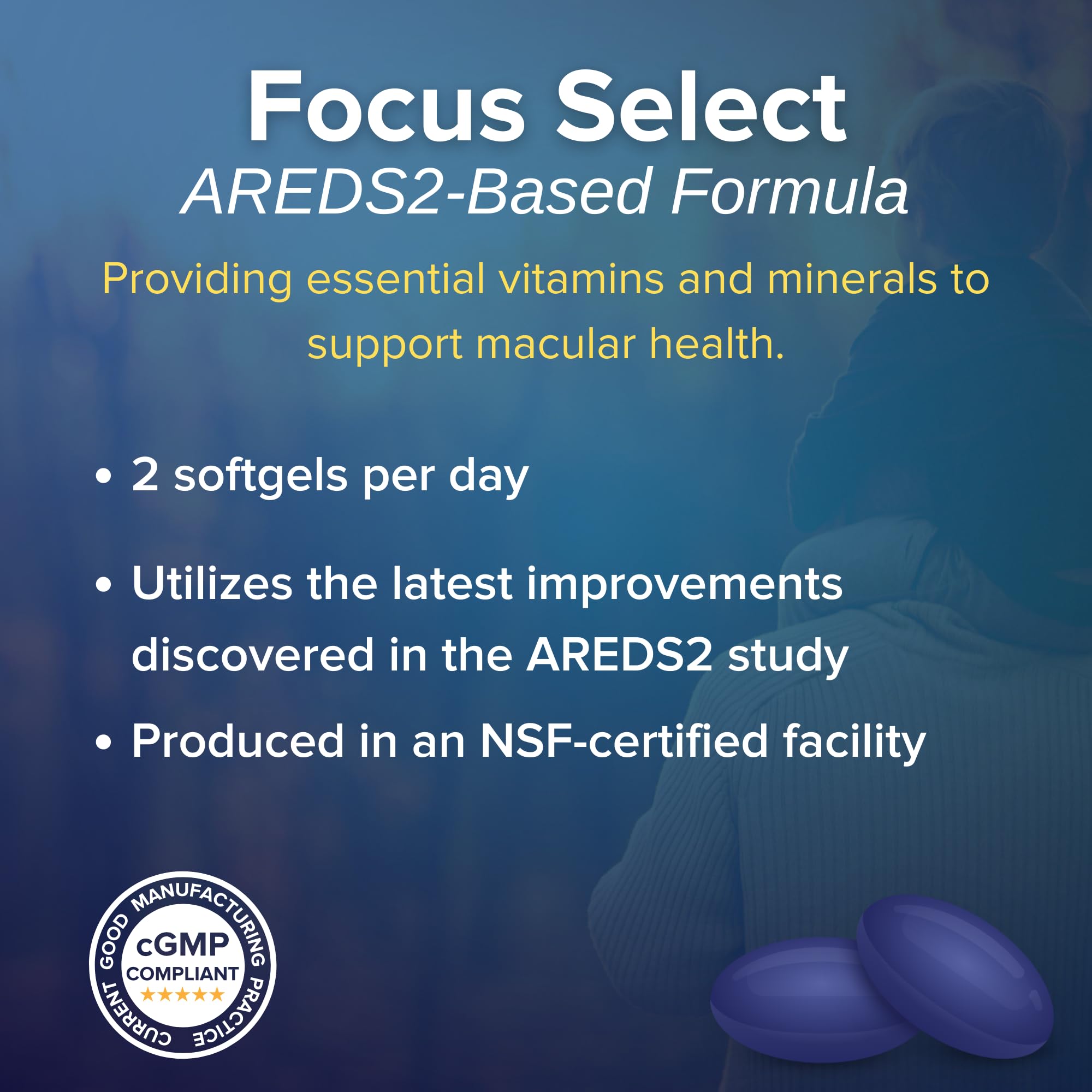 Bottle label highlights AREDS2 formulation with low zinc for eye health support.
