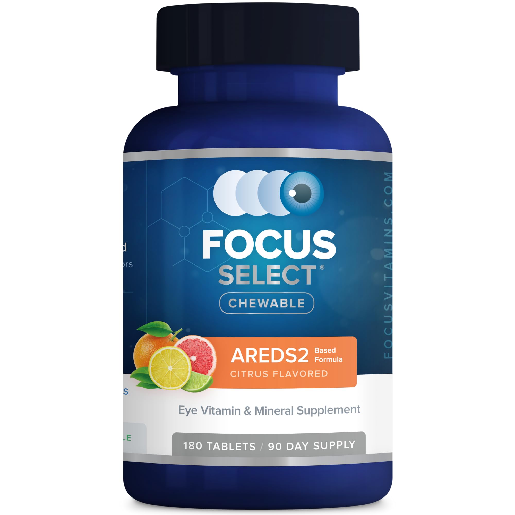 Focus Vision Select AREDS2 chewable bottle pour showing citrus tablets for eye health