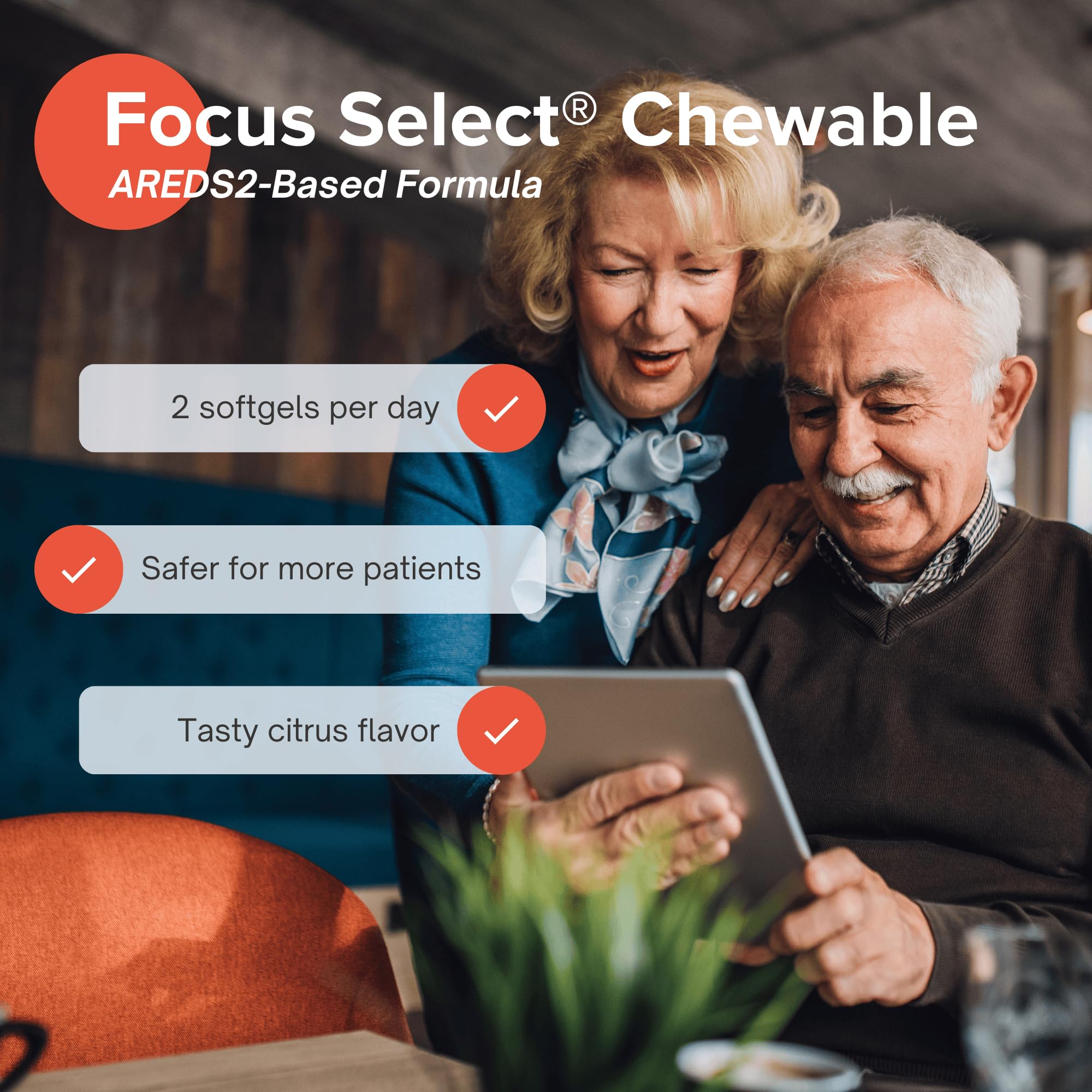 Focus Vision Select AREDS2 chewable daily routine layout showing two tablets per day