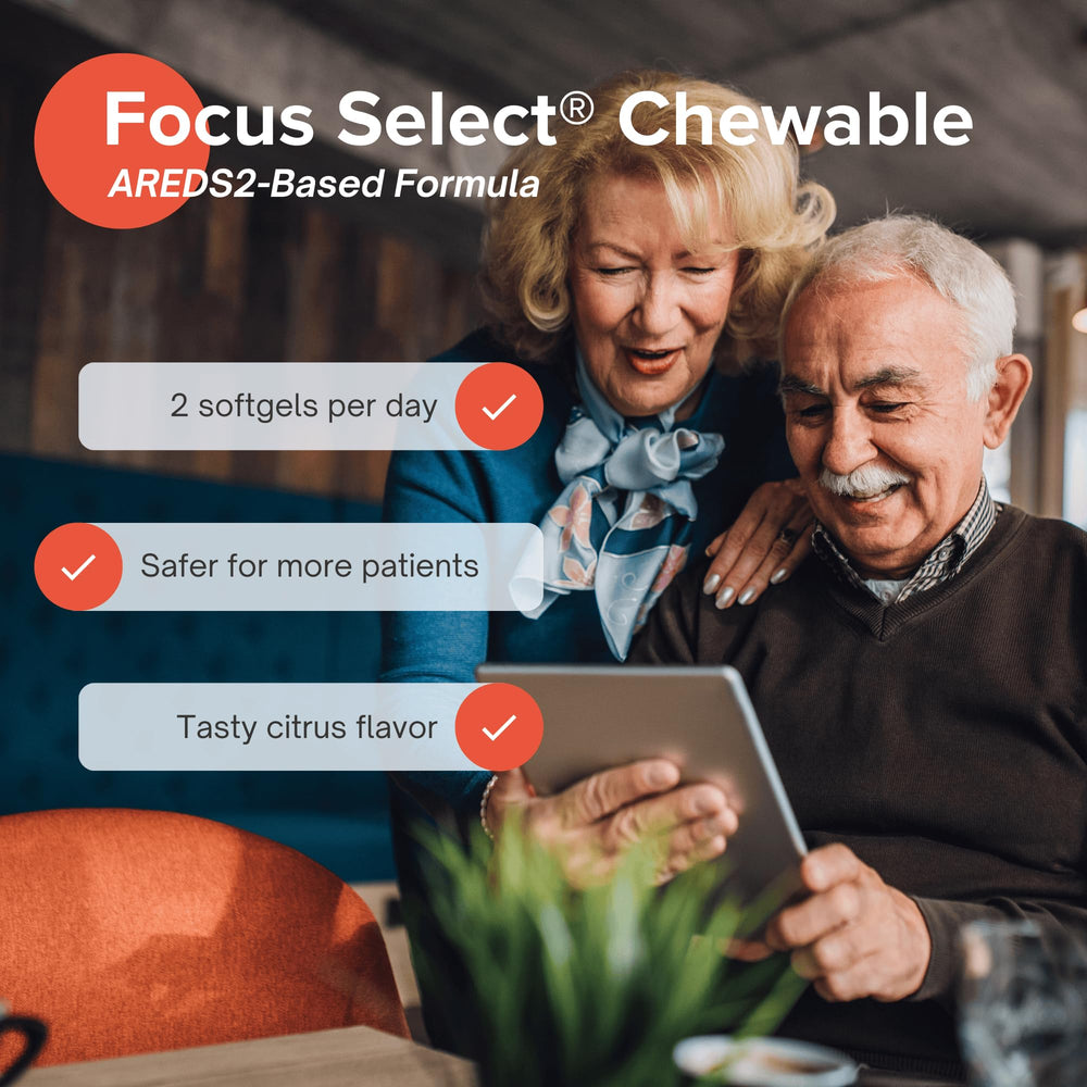 Focus Vision Select AREDS2 chewable daily routine layout showing two tablets per day