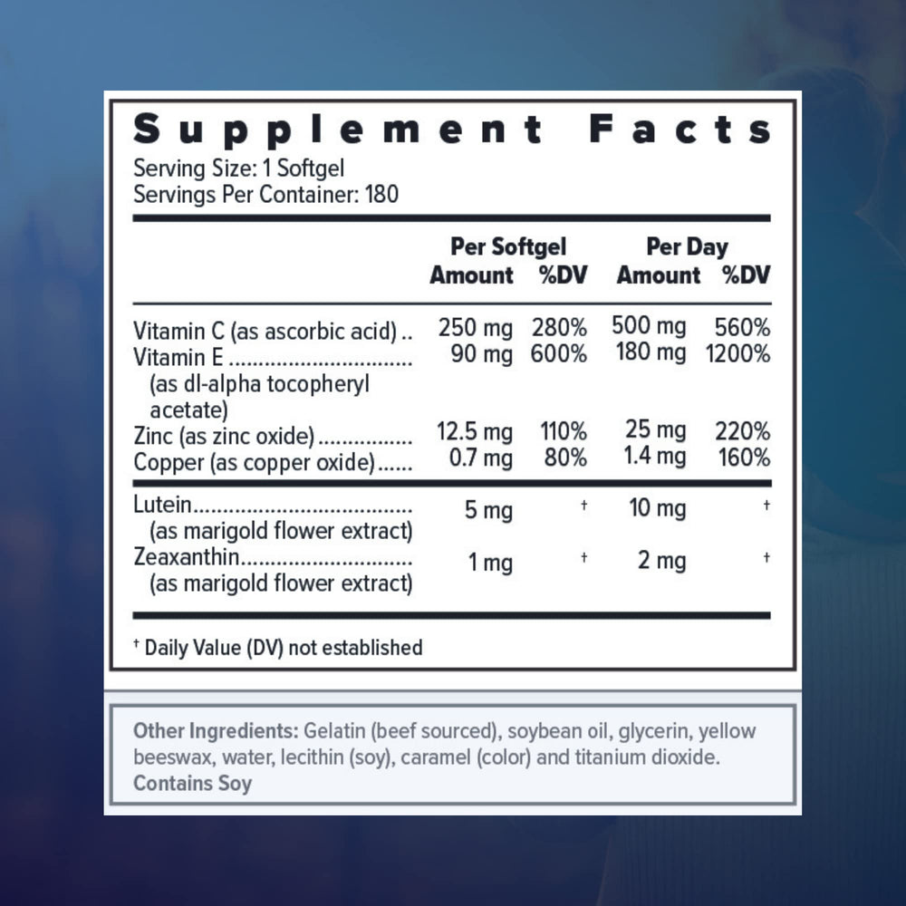 Close-up of Focus Vision Focus Select AREDS2 softgel capsules ready to take.
