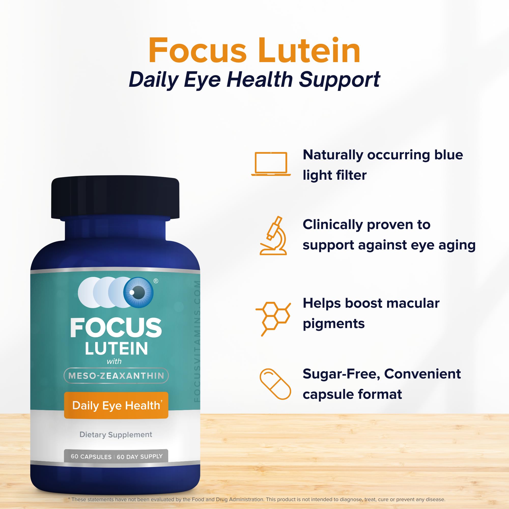 Focus Vision Supplements meso-zeaxanthin capsules highlight improved macular protection and comfortable daily viewing.