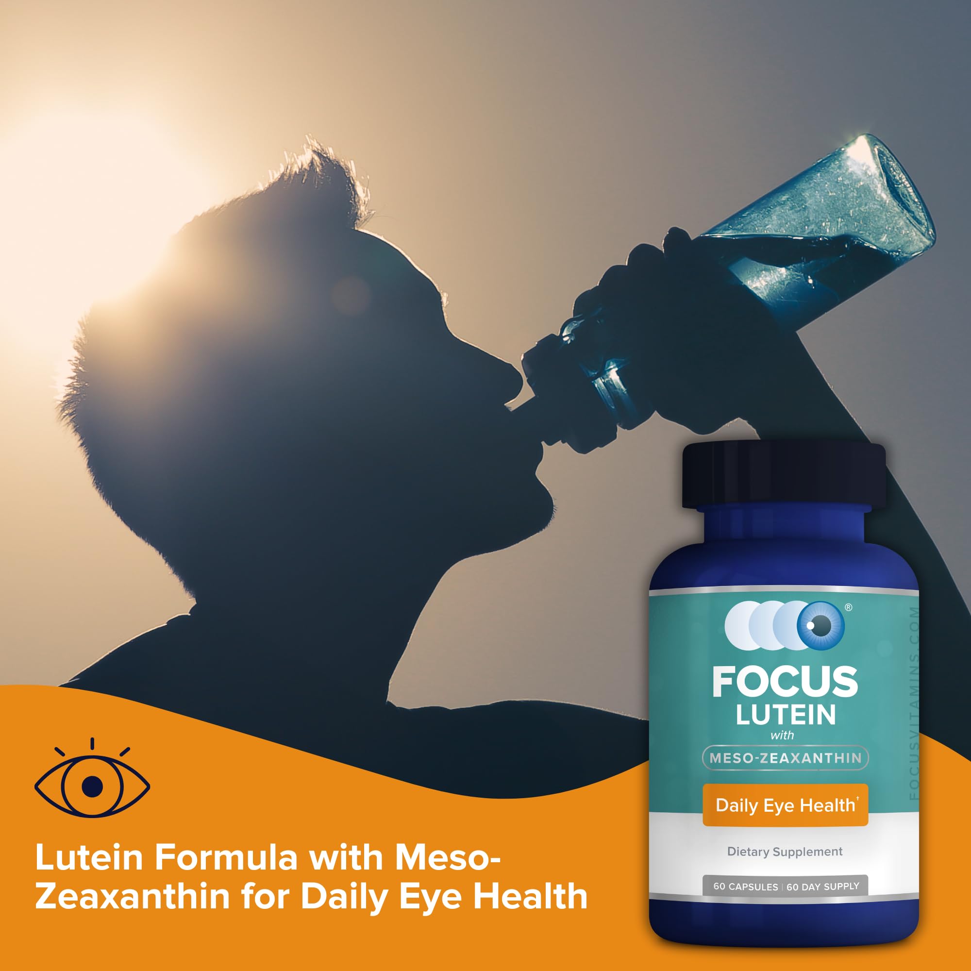 Focus Vision Supplements made in USA bottle emphasizes vegan sugar-free formula for daily eye wellness.
