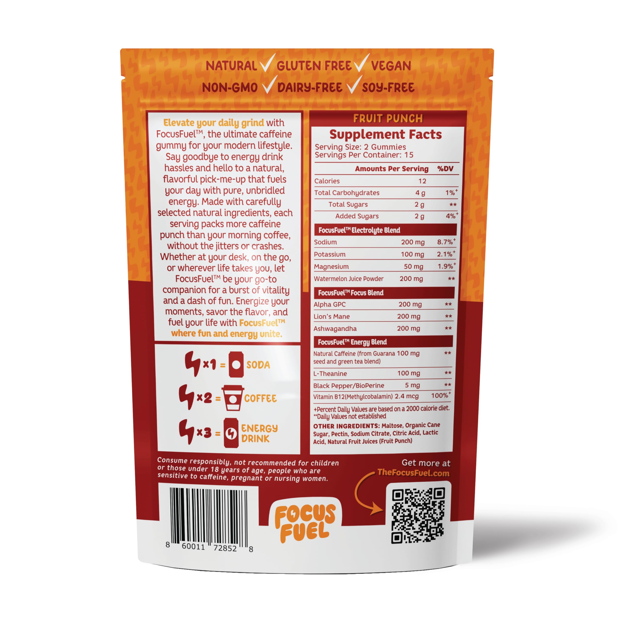 FocusFuel Energy Chews Fruit Punch bottle front promotes quick energy for tasks.