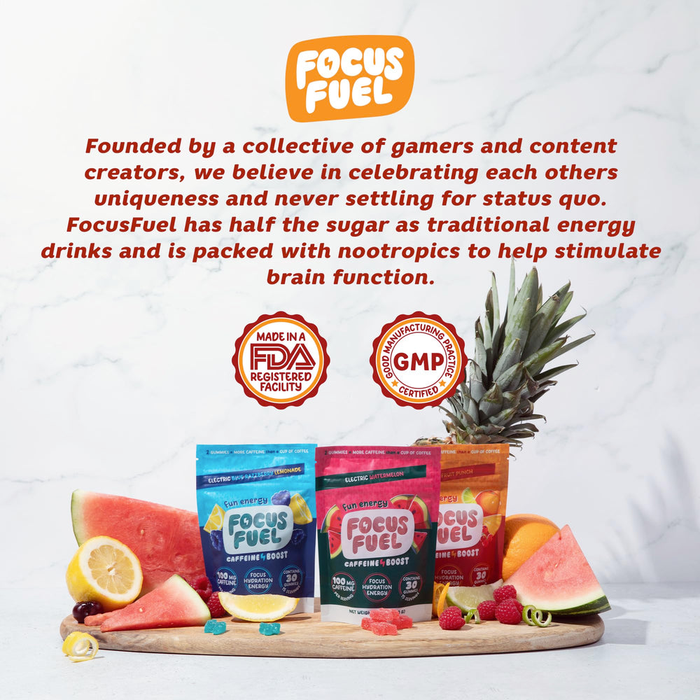 FocusFuel Energy Chews Fruit Punch bottle with glass shows ready boost.