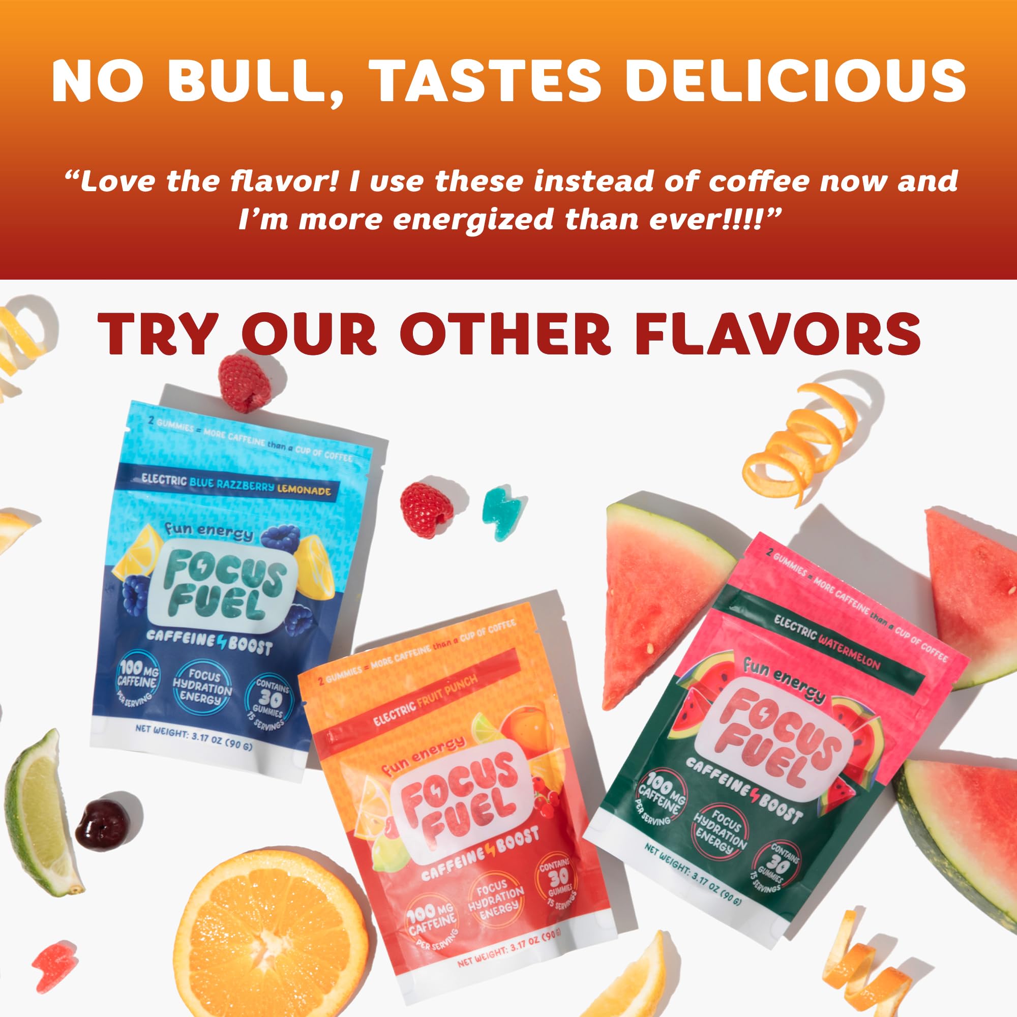 FocusFuel Energy Chews Fruit Punch closeup texture hints juicy flavor.