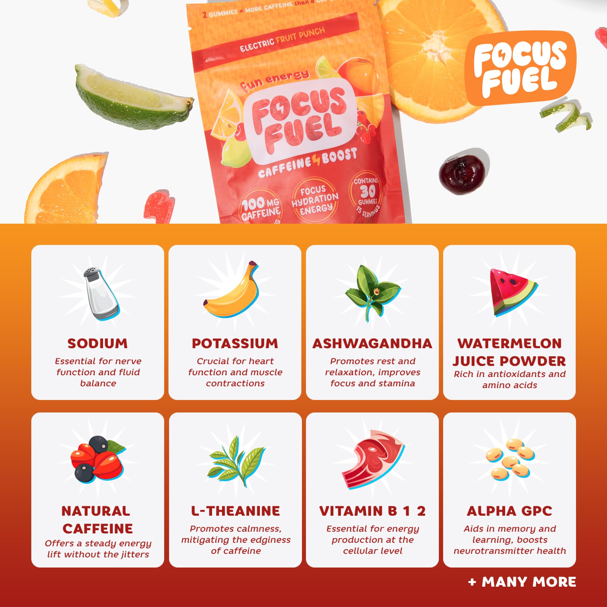 FocusFuel Energy Chews Fruit Punch ingredient list shows natural caffeine and nootropics.