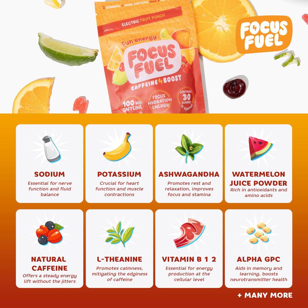 FocusFuel Energy Chews Fruit Punch ingredient list shows natural caffeine and nootropics.