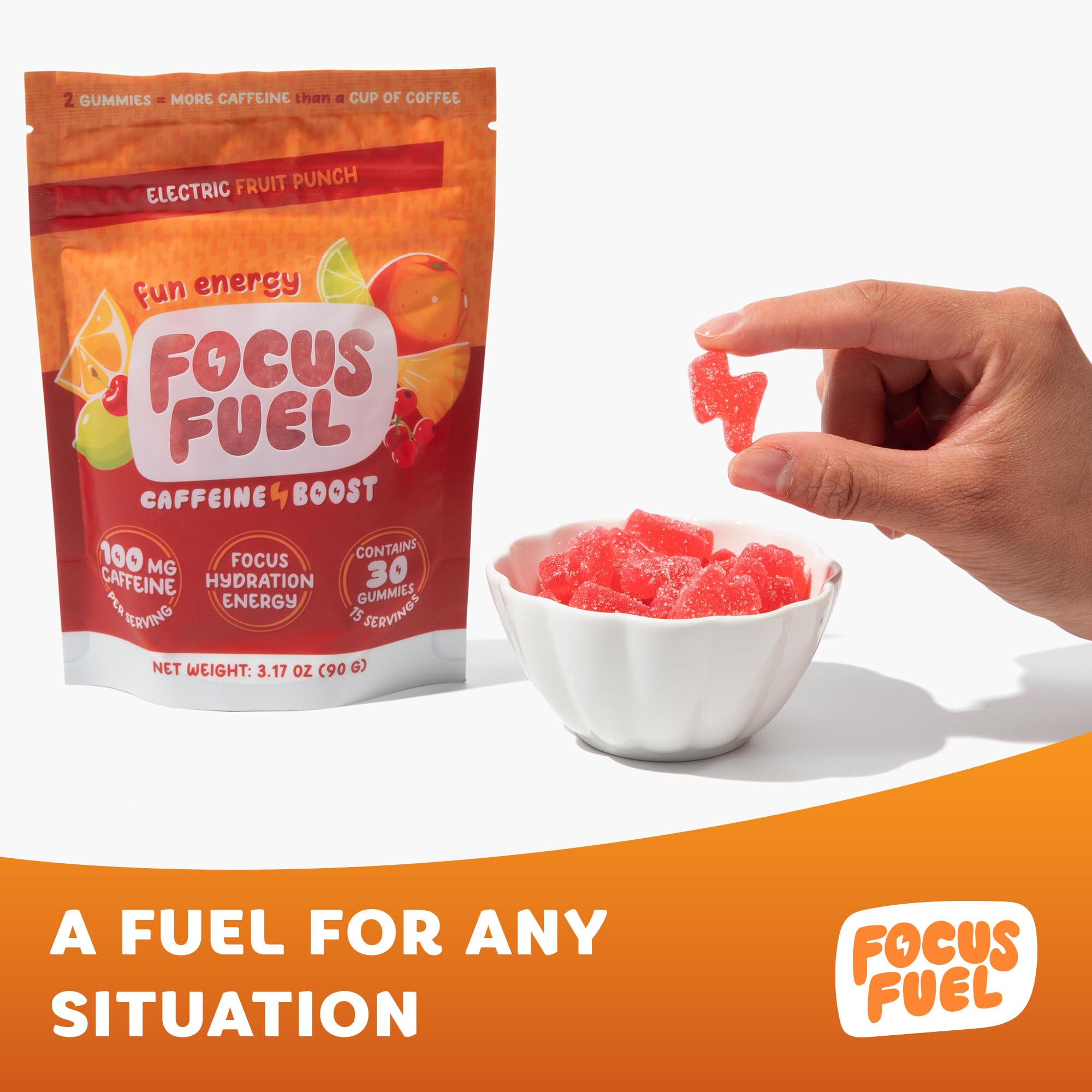 FocusFuel Energy Chews Fruit Punch on-the-go lifestyle demonstrates easy snacking.