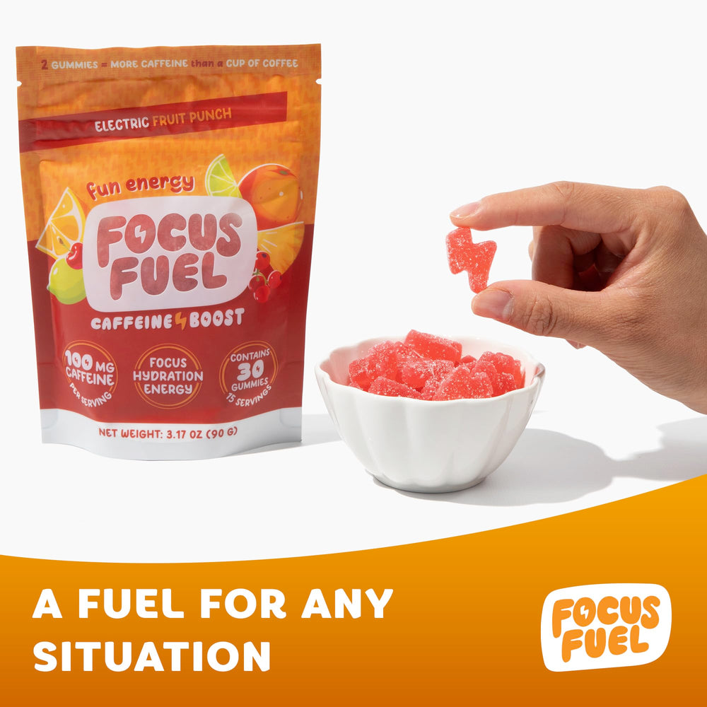 FocusFuel Energy Chews Fruit Punch on-the-go lifestyle demonstrates easy snacking.