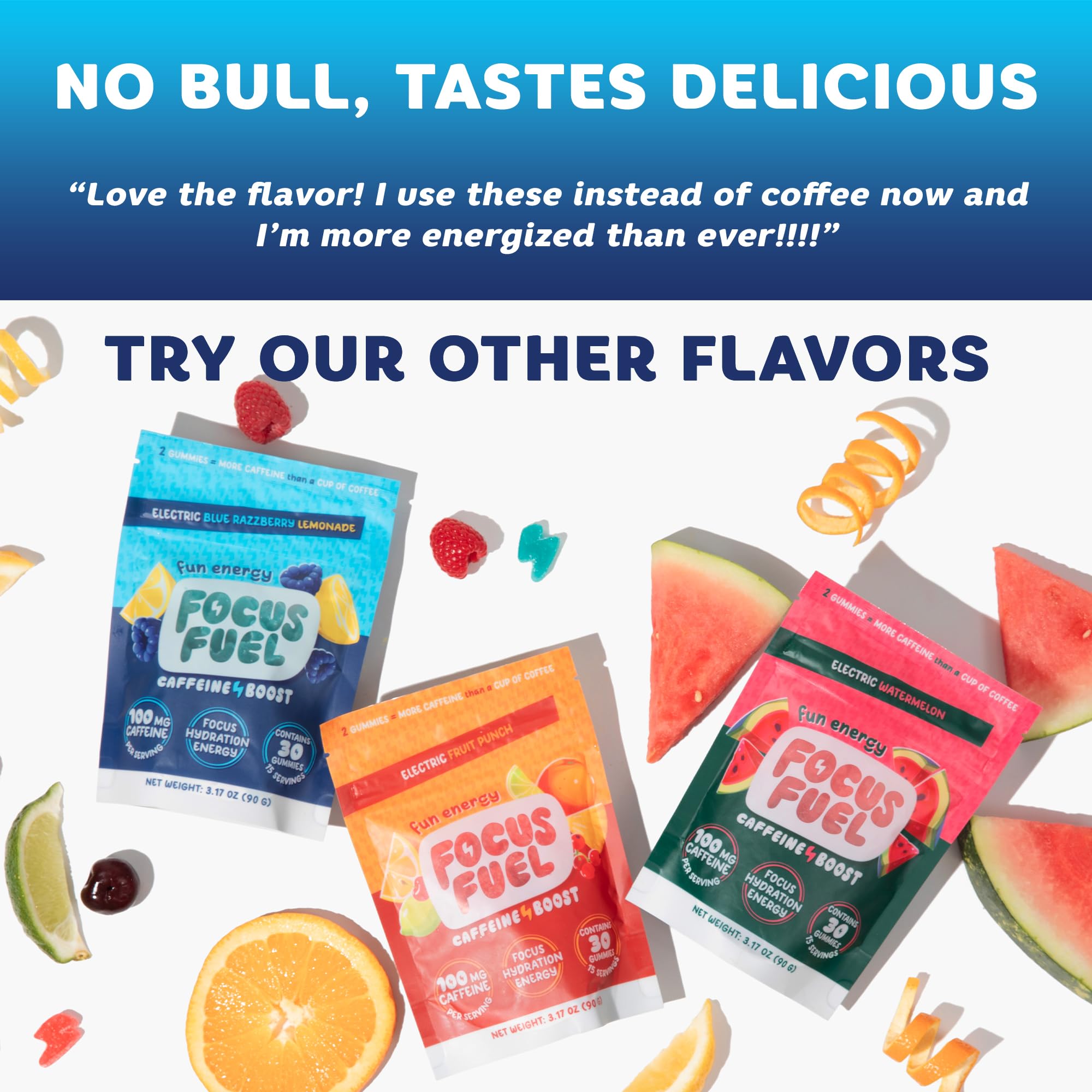 Hero shot of FocusFuel blue lemonade chews with bright color