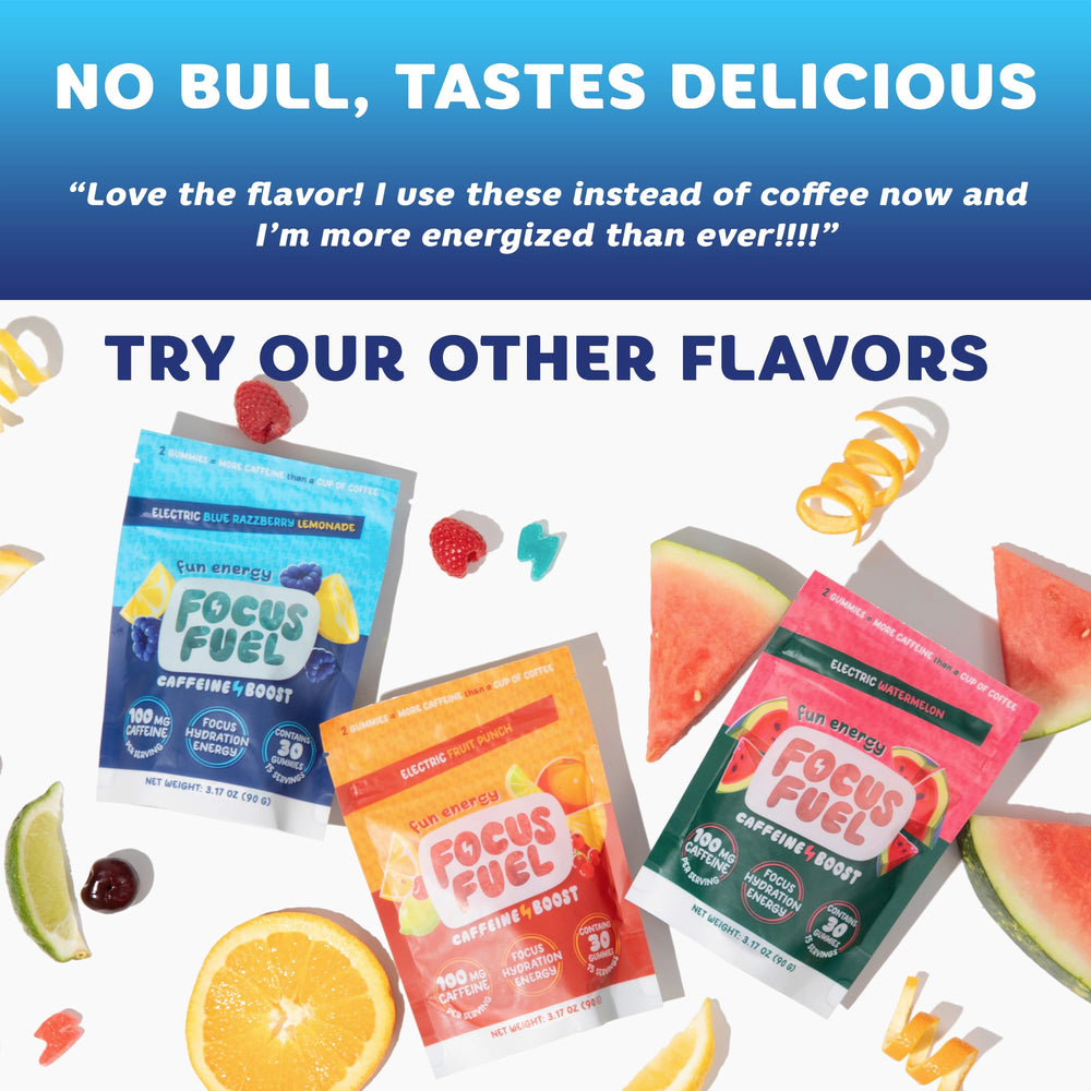 Hero shot of FocusFuel blue lemonade chews with bright color
