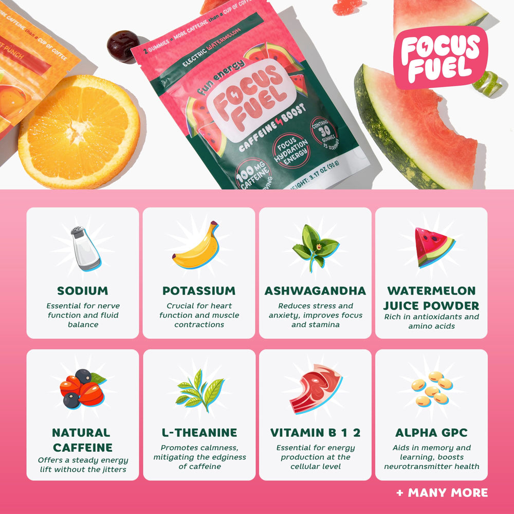 FocusFuel Energy Chews ingredients panel with Alpha GPC and L-Theanine.