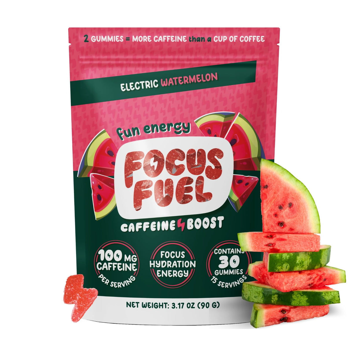 FocusFuel Energy Chews watermelon bottle for portable, smooth energy on the go.