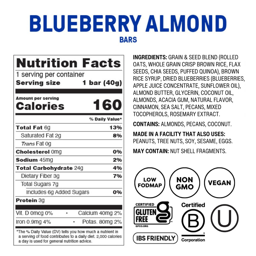 Close-up of Fody Blueberry Almond snack bar with oats, seeds, and blueberries.