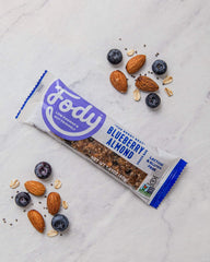Ingredients visible: oats, flax, chia, quinoa, almonds, and blueberries.