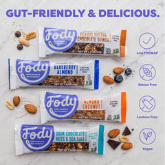 Fody Blueberry Almond snack bar on plate, ideal for on-the-go.