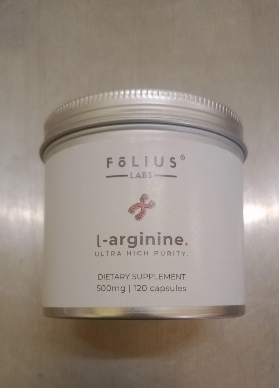 FOLIUS LABS L-Arginine packaging box with clean label and vegan capsule benefits.