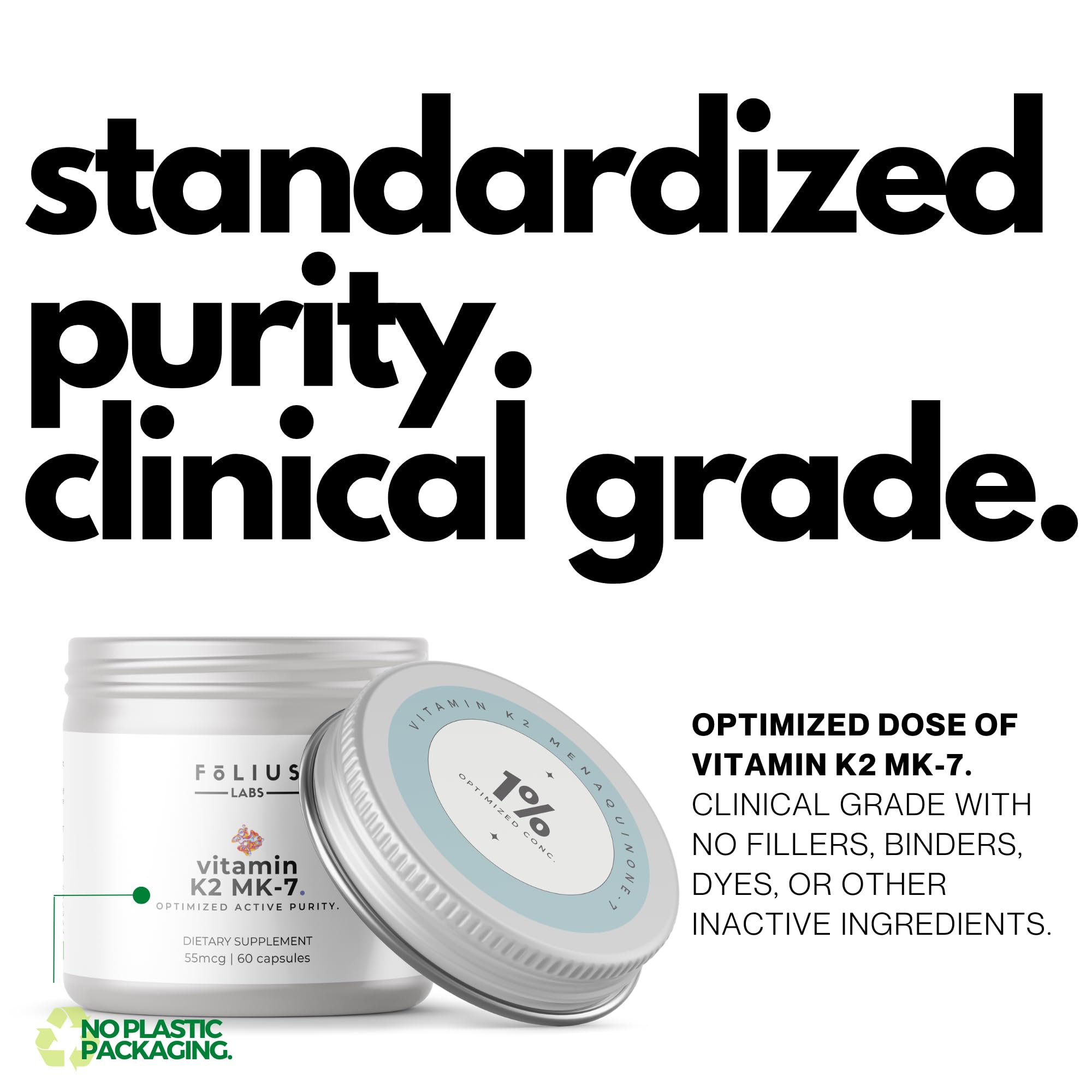 FOLIUS LABS Vitamin K2 MK-7 55mcg label highlighting purity and clean ingredients