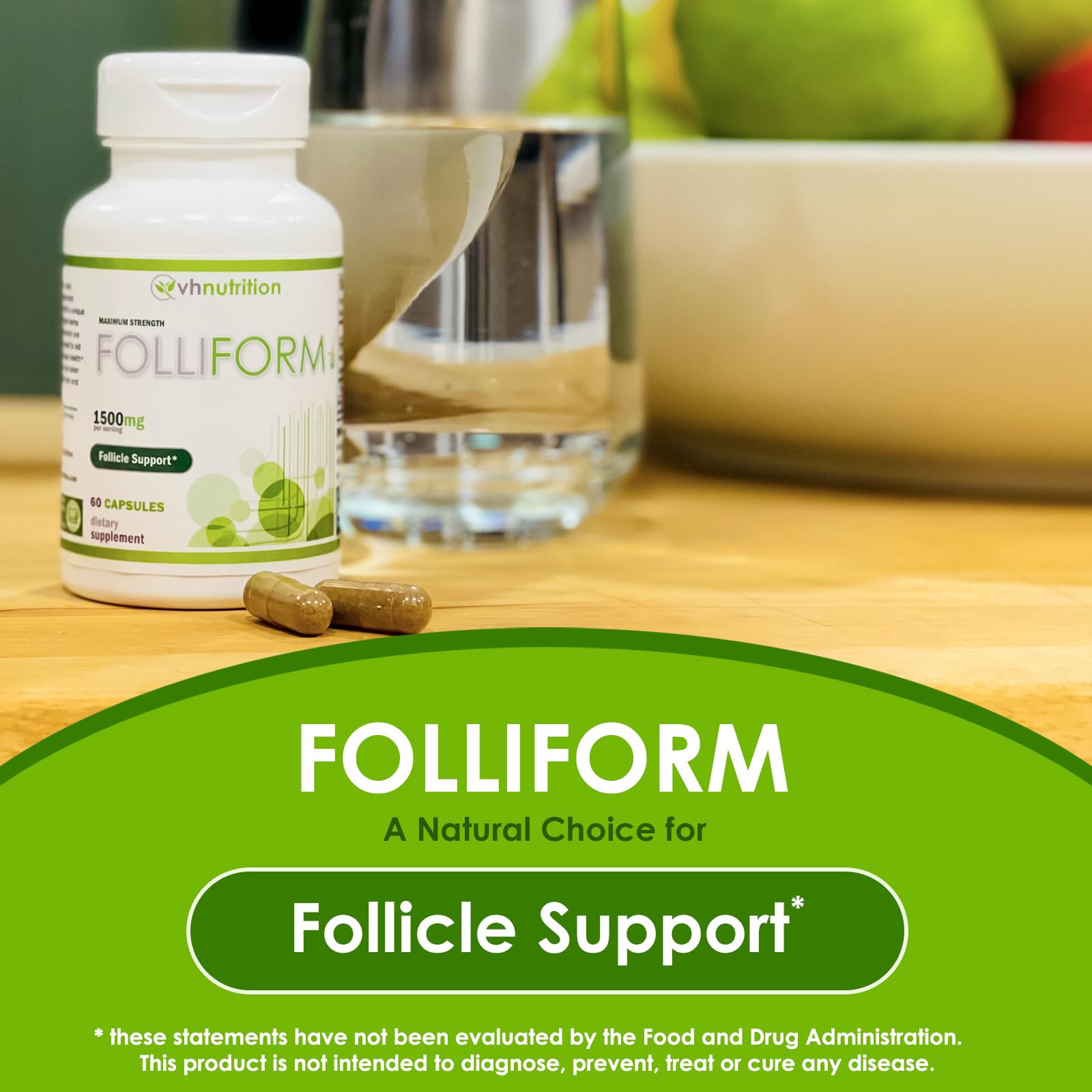 Folliform capsules close-up showing easy daily intake for hair health.