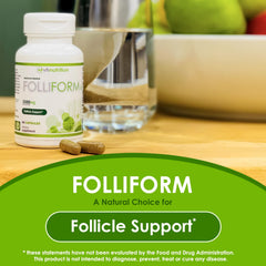 Folliform capsules close-up showing easy daily intake for hair health.