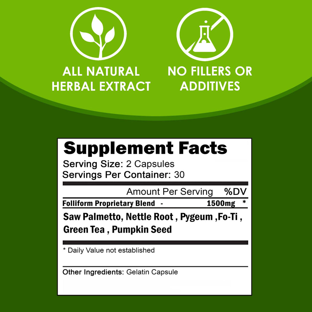 Folliform ingredient list label emphasizes natural DHT-supporting components.