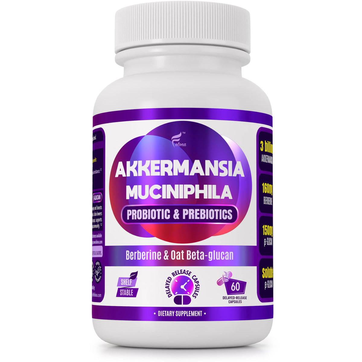 FOLONA Akkermansia delayed-release bottle showing targeted gut delivery for sustained support