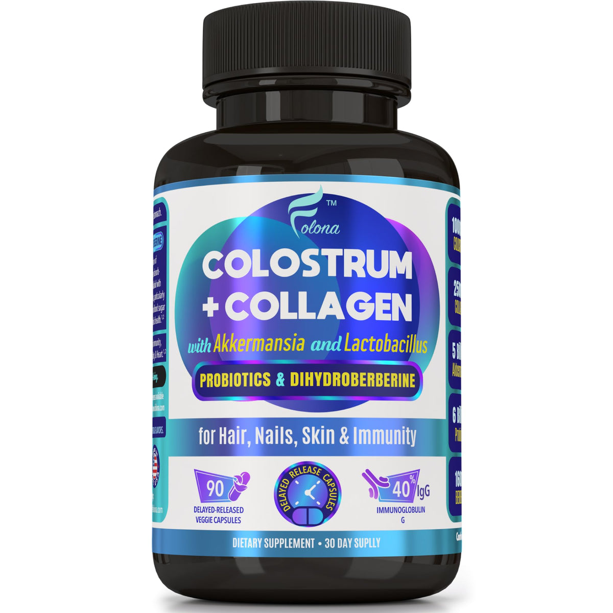 FOLONA bottle and delayed-release capsules for targeted absorption.