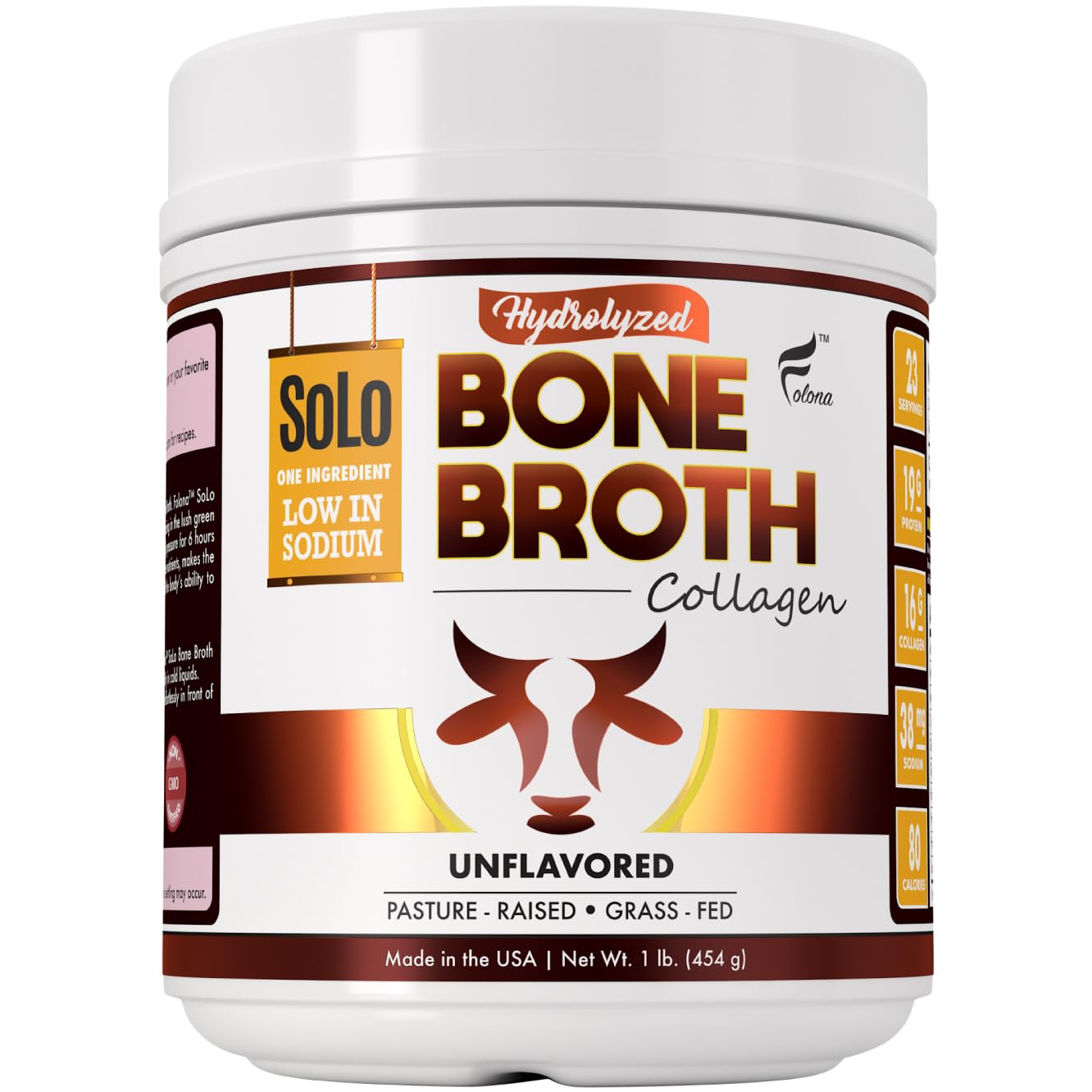 FOLONA Solo bone broth powder canister on kitchen shelf, convenient protein for busy days