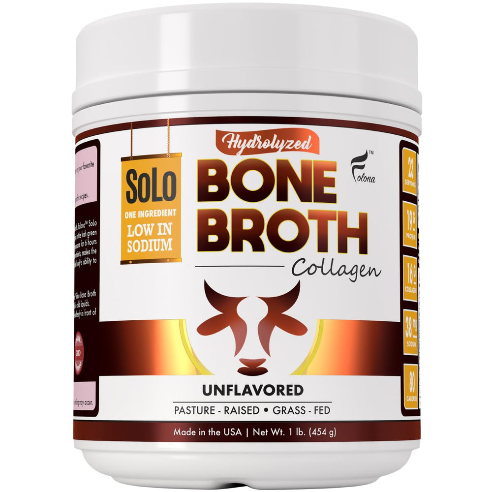 FOLONA Solo bone broth powder canister on kitchen shelf, convenient protein for busy days