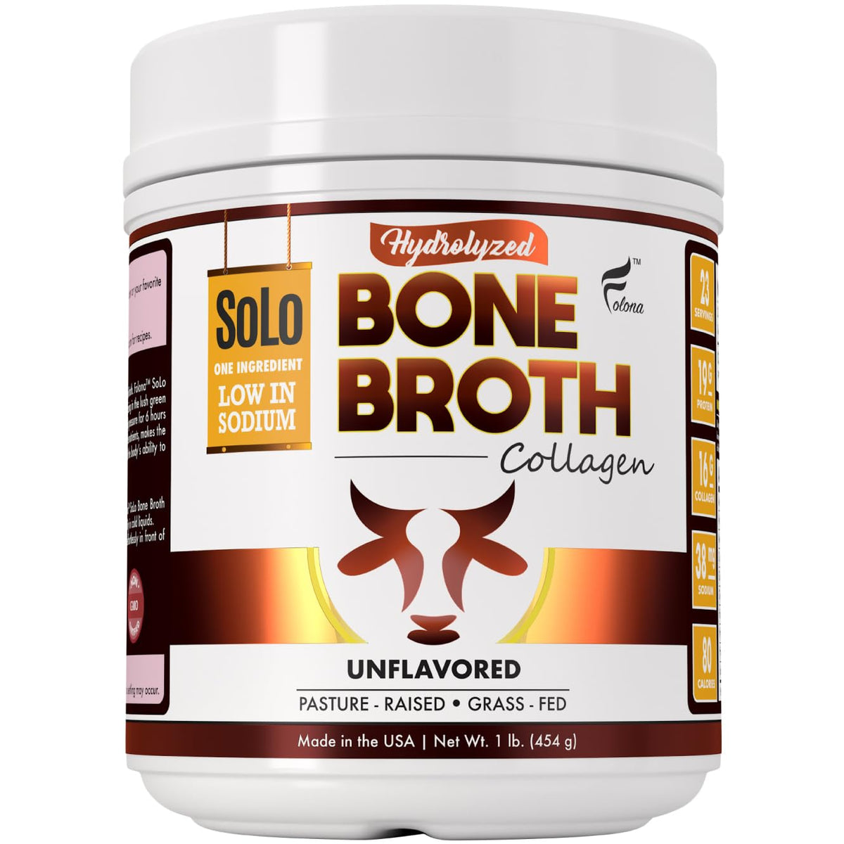 FOLONA Solo bone broth powder canister on kitchen shelf, convenient protein for busy days