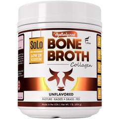 FOLONA Solo bone broth powder canister on kitchen shelf, convenient protein for busy days