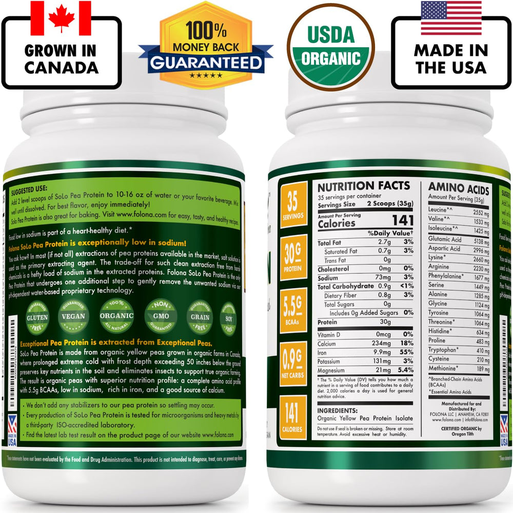 Folona Solo Organic Pea Protein Isolate pour bottle, ideal for Keto-friendly drinks.