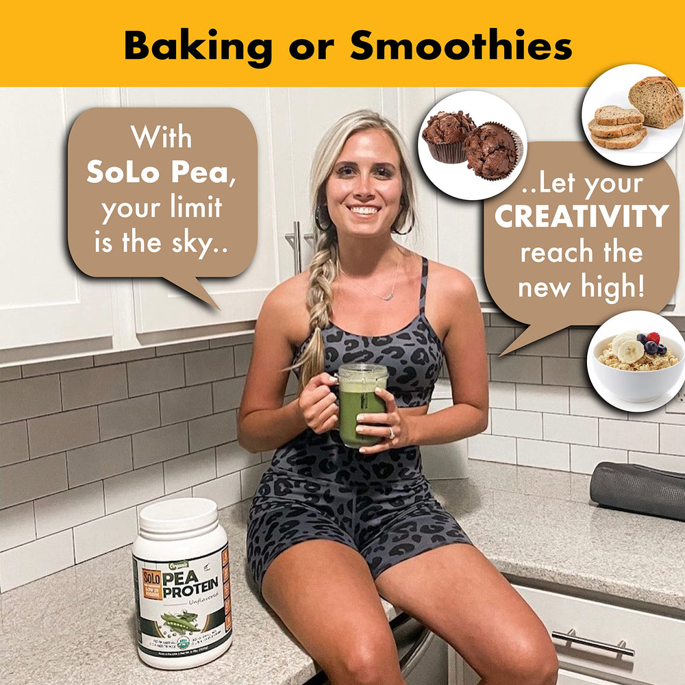 Folona Solo Organic Pea Protein Isolate recipe card for baking and shakes.
