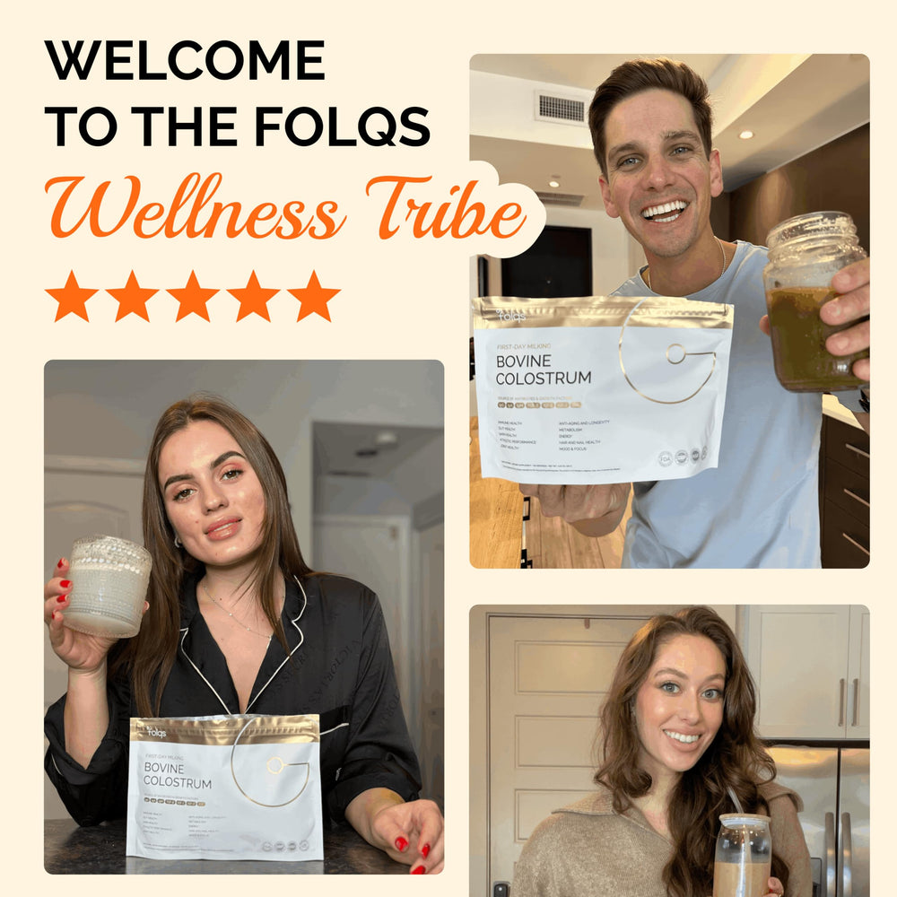 Folqs Bovine Colostrum Powder packaging with cows communicates sustainable, ethical sourcing.