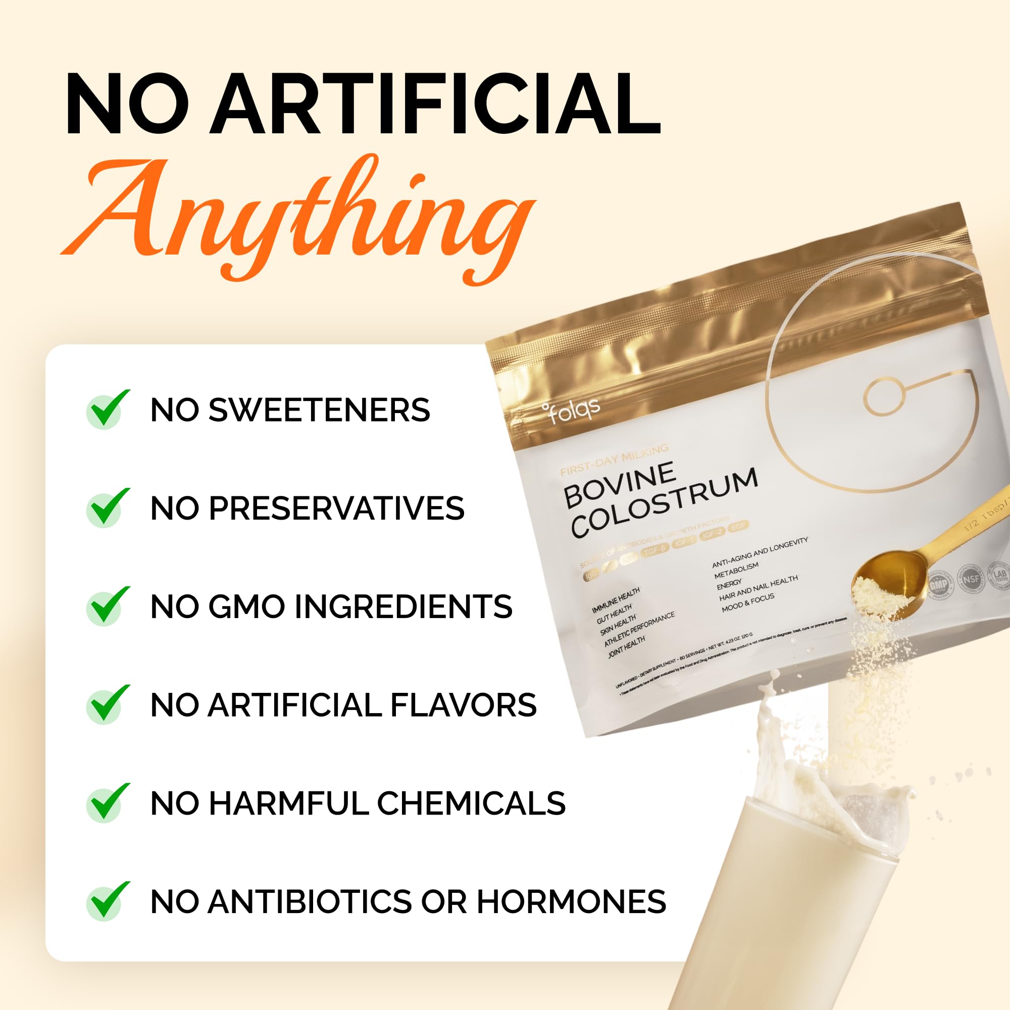 Folqs Bovine Colostrum Powder Kosher seal confirms dietary compatibility and quality.