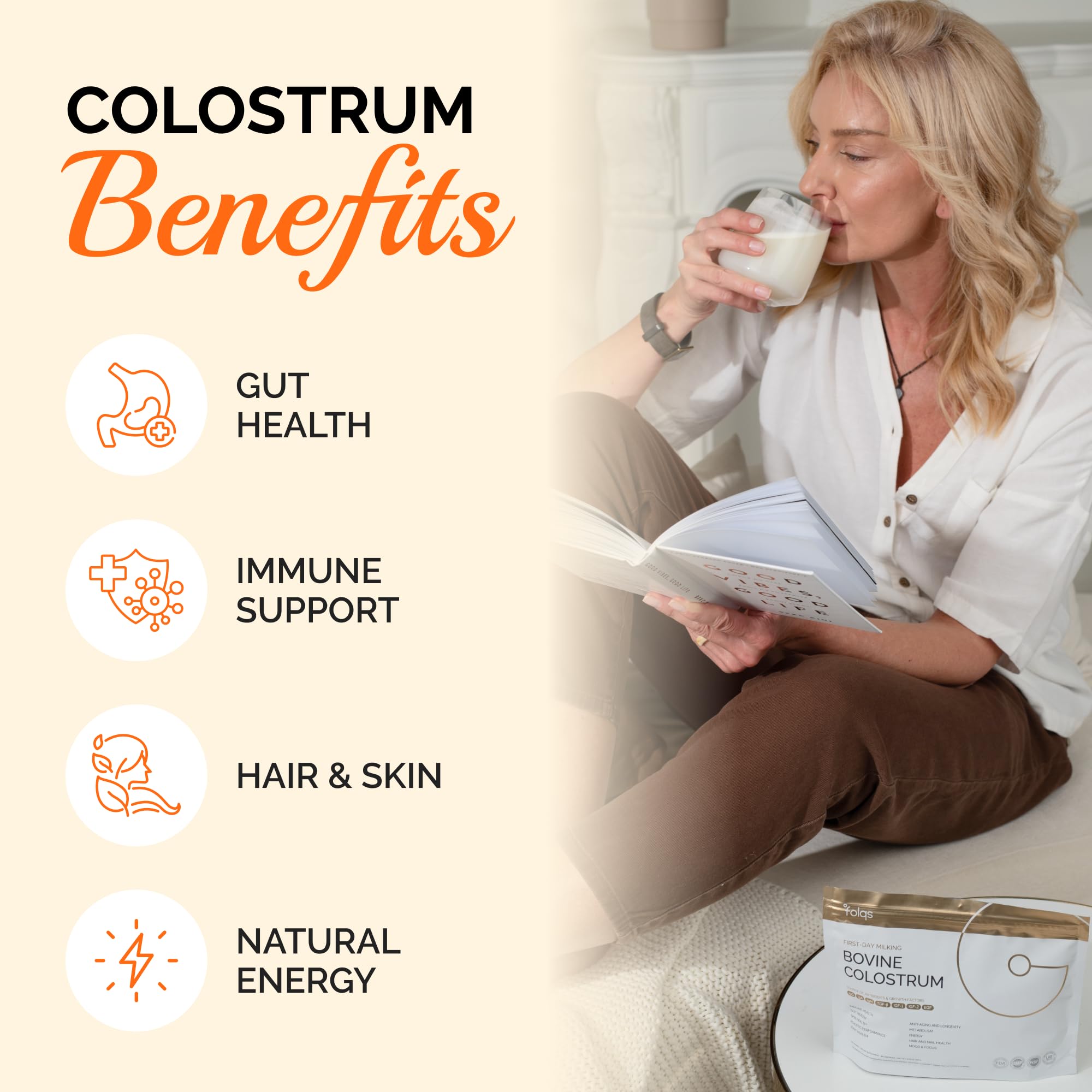Folqs Bovine Colostrum Powder scoop scene emphasizes convenient daily serving for gut balance.