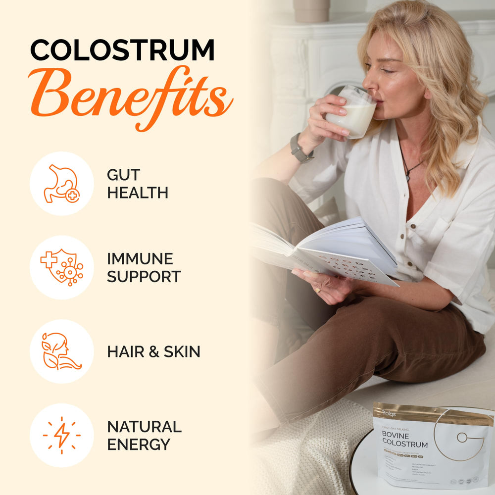 Folqs Bovine Colostrum Powder scoop scene emphasizes convenient daily serving for gut balance.
