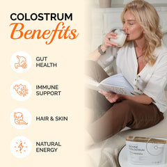 Folqs Bovine Colostrum Powder scoop scene emphasizes convenient daily serving for gut balance.